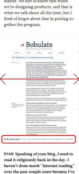At 320px, the screenshot of Liz Danzico's blog spans the browser width, and the caption is below.