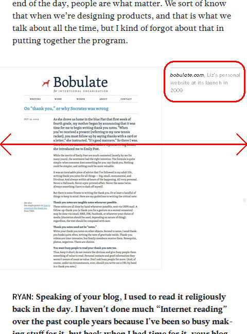 The screenshot of Liz Danzico's blog takes up two-thirds of the screen and the caption pulls out to the right