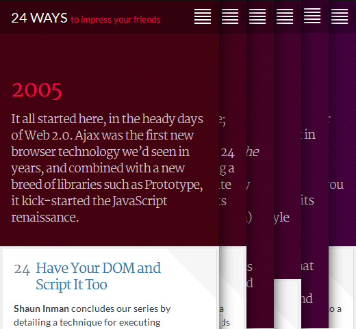 Screenshots of the yearly digest pages on 24 Ways, stacked one on top of the other.